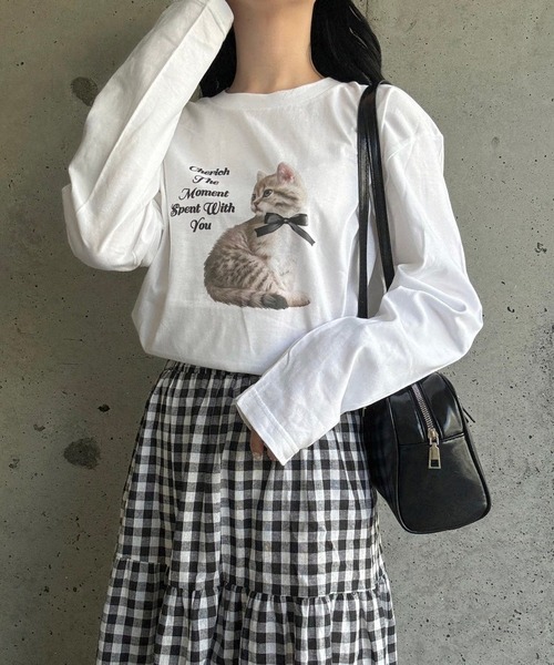 tシャツ ねこリボン英字プリントロングTシャツ レディース : ZOZOTOWN 