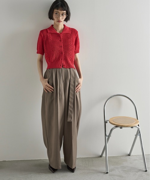 THE Yon パンツ ストライプベルトタックパンツ レディース