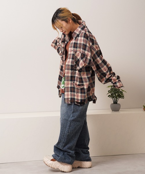 シャツ グランジ加工 ダメージ ヘビーチェックシャツ / Grunge effect