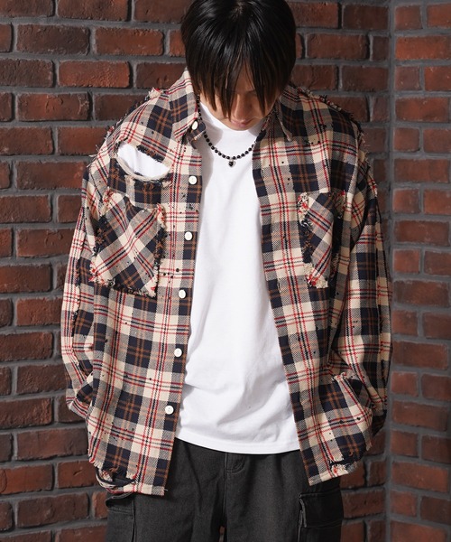 ☆定価の半額以下☆ チェックシャツ　ダメージ加工 オーバーサイズ裾ダメージチェックシャツ CS2112【MASONPRINCE