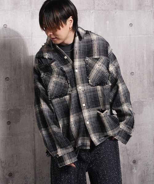 シャツ グランジ加工 ダメージ ヘビーチェックシャツ / Grunge