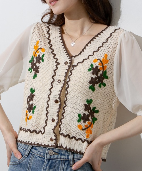 pumpkin port カーディガン 花刺繍かぎ針編みカーディガン