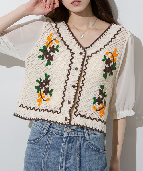 pumpkin port カーディガン 花刺繍かぎ針編みカーディガン