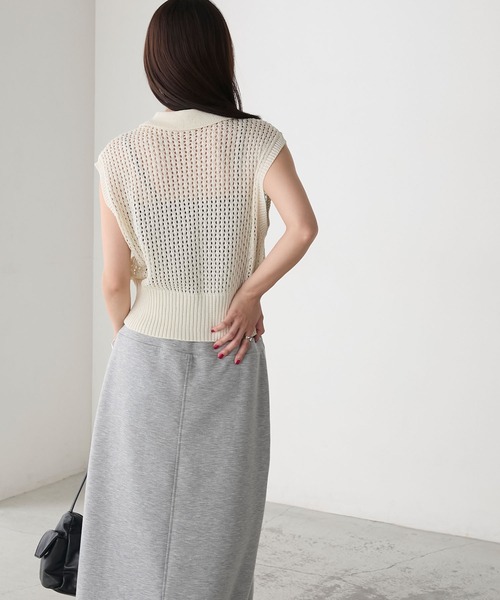 AURILEE メッシュ編みポロシャツ 半袖 クリーム色 リニアメッシュニット ポロシャツ（Ecru）| Sunspel