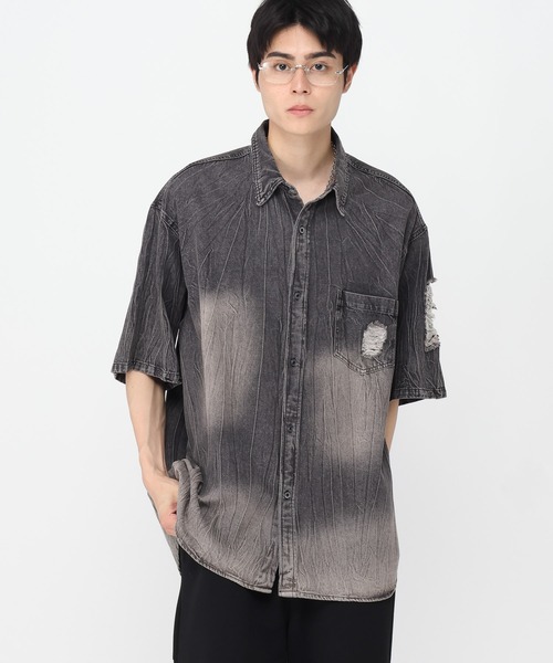 ALAND シャツ 3.3 Field Trip／ダメージデニム半袖シャツ メンズ