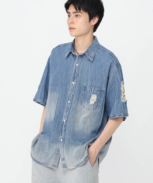 ALAND シャツ 3.3 Field Trip／ダメージデニム半袖シャツ メンズ