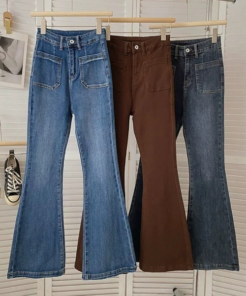 「SEU」 加工ブーツカットデニムパンツ L ブルー レディース