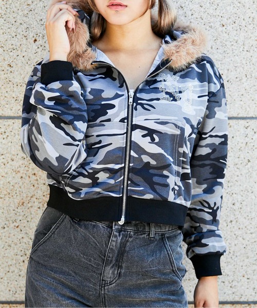 パーカー 「迷彩×ファー付き」レディース 裏毛スウェットジップ