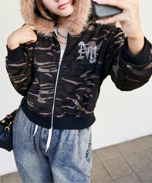 パーカー 「迷彩×ファー付き」レディース 裏毛スウェットジップ