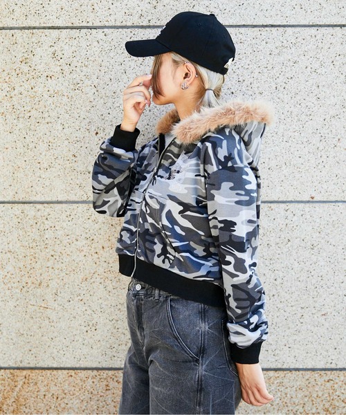 パーカー 「迷彩×ファー付き」レディース 裏毛スウェットジップ