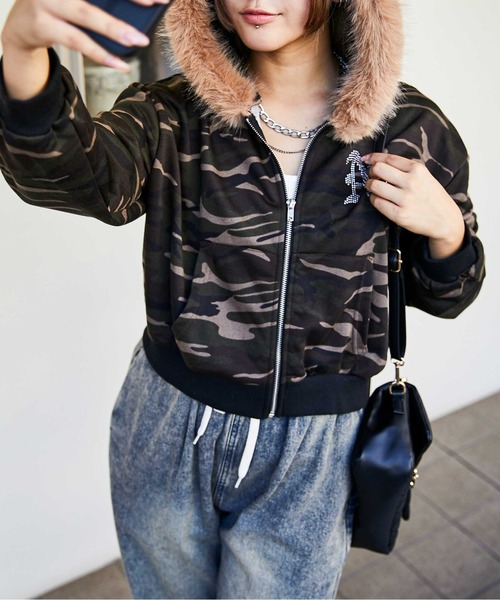パーカー 「迷彩×ファー付き」レディース 裏毛スウェットジップ