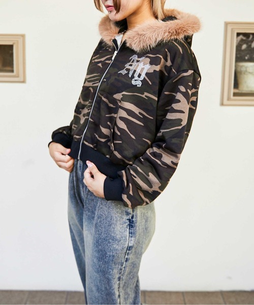 パーカー 「迷彩×ファー付き」レディース 裏毛スウェットジップ