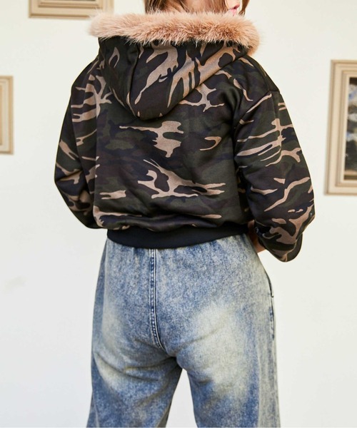 パーカー 「迷彩×ファー付き」レディース 裏毛スウェットジップ