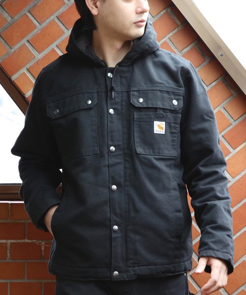【カーハート】ダックジャケット　裏ボア　M 黒　フェード　ボロ　短丈　i Carhartt（カーハート） ブルゾン アウター ダックワークジャケット 裏