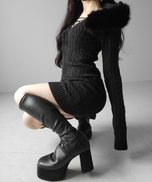 み*️様 JUN&ROPE ブラックファーワンピース me+em select（ミームセレクト） ワンピース 「 2color 」ファー