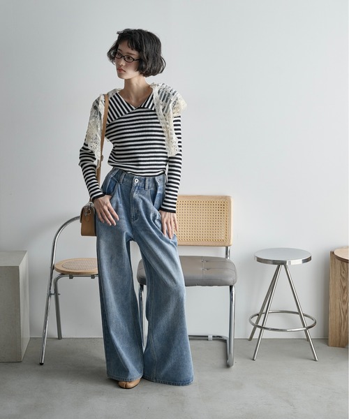 THE Yon ジーンズ デニム デニムパンツ ウエストタックワイドパンツ