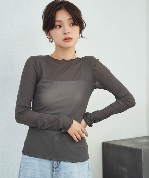 LOWO tシャツ シアートップス 長袖 メロウ シースルートップス