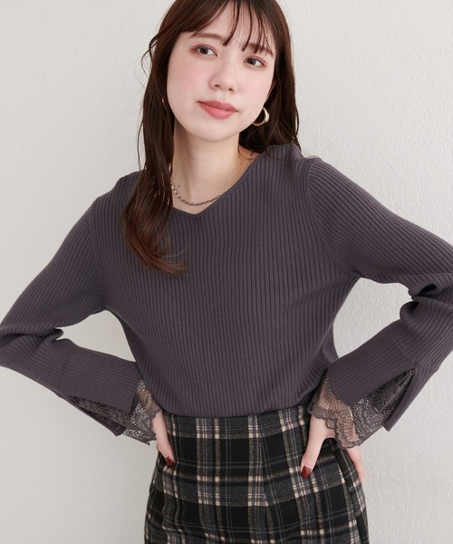 natural couture ニット セーター 前後2WAY袖口レースリブニット
