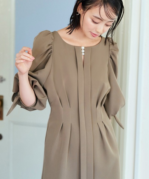 「RUIRUE BOUTIQUE」 7分袖ワンピース M グレイッシュベージュ レディース_画像6