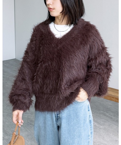 reca（レカ） ニット セーター 長毛フェザーヤーンVネックニットプル