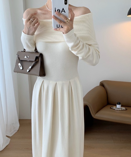 Diosfront ワンピース オフショルダーウエストタックニットワンピース