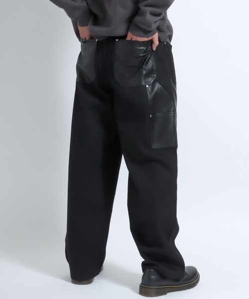ジーンズ デニム×フェイクレザーダブルニーワイドパンツ メンズ