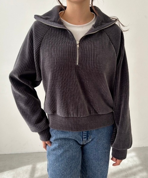 tシャツ コーデュロイハーフジッププルオーバー レディース