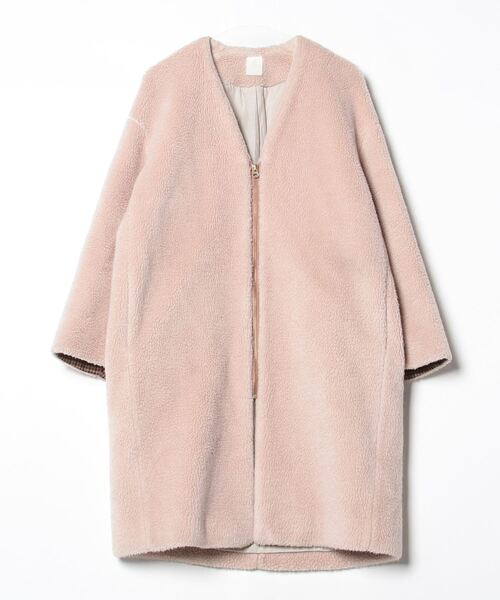 SONO ピンク ノーカラーロングコート Social GIRL（ソーシャルガール） ノーカラーコート コート Vネック