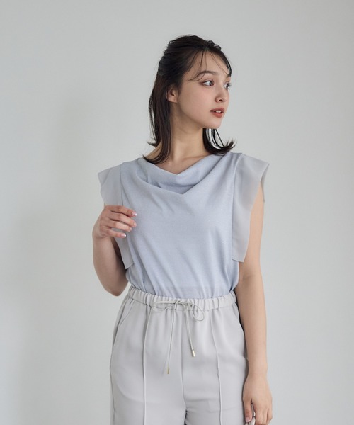 tシャツ ドレープネック袖シフォンラメカットソープルオーバー レディース