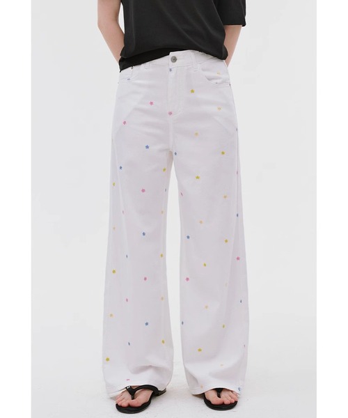 ジーンズ デニム デニムパンツ フラワーステッチ ストレートデニム