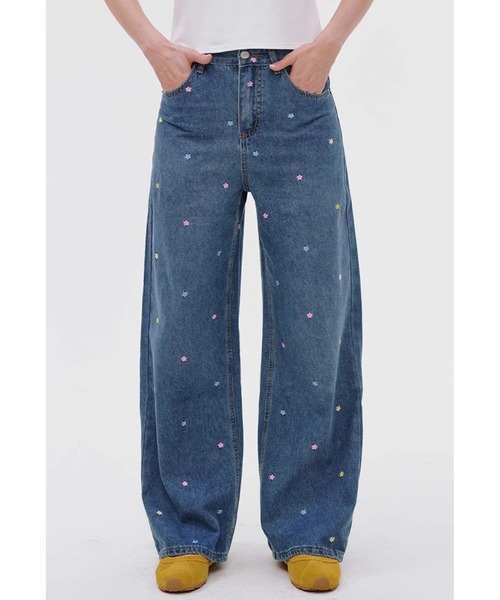 ジーンズ デニム デニムパンツ フラワーステッチ ストレートデニム