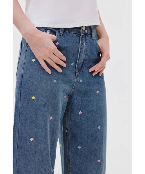 ワイドパンツ ジーンズ デニム デニムパンツ フラワーステッチ