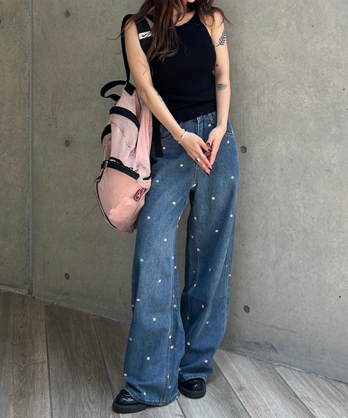 ジーンズ デニム デニムパンツ フラワーステッチ ストレートデニム