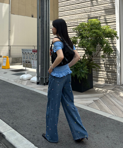 ジーンズ デニム デニムパンツ フラワーステッチ ストレートデニム