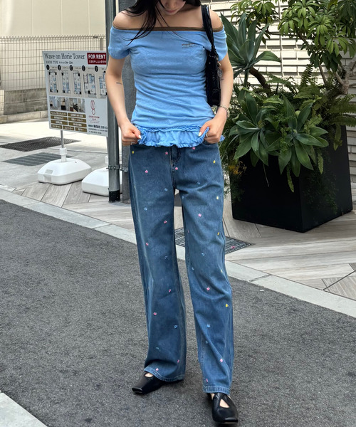 ジーンズ デニム デニムパンツ フラワーステッチ ストレートデニム