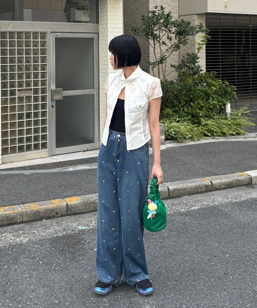 ジーンズ デニム デニムパンツ フラワーステッチ ストレートデニム