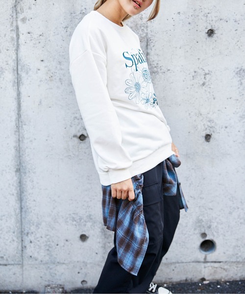 トレーナー スウェット 「花刺繍×ロゴ」レディース 裏毛スウェット