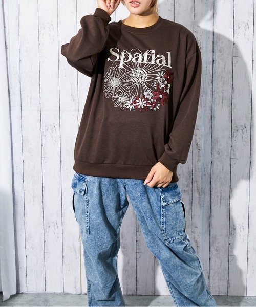 トレーナー スウェット 「花刺繍×ロゴ」レディース 裏毛スウェット