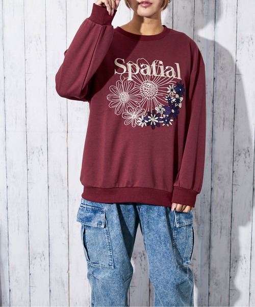 トレーナー スウェット 「花刺繍×ロゴ」レディース 裏毛スウェット