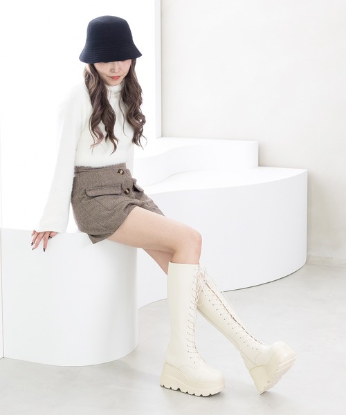 レースアップGirlyブーツ　シロ　Lサイズ　L: ~24.5 attagirl（アタガール） ブーツ 厚底ソールレースアップロングブーツ