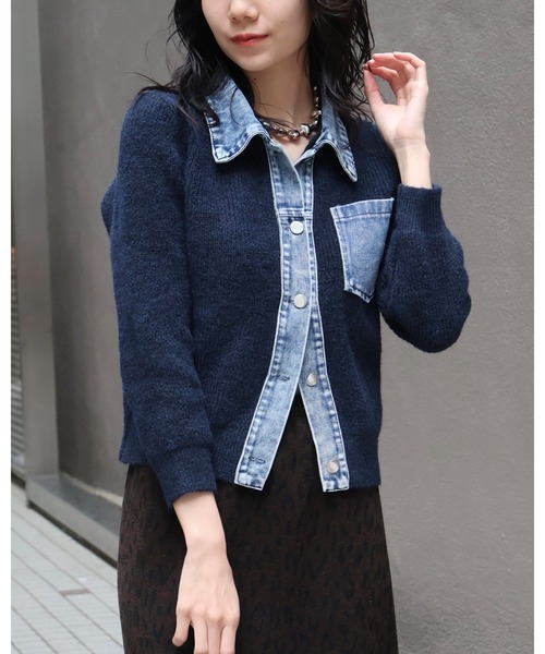 Doumoi カーディガン デニム切替ニットカーディガン レディース