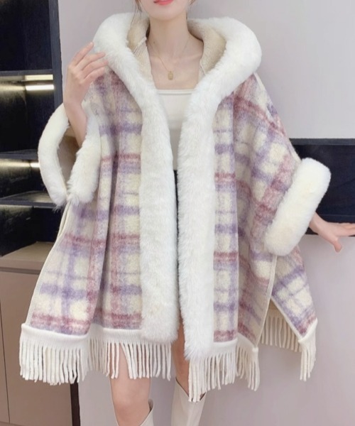 gossip!ロサンゼルス ポンチョ Y2Kガーリーふわふわフード付きケープ