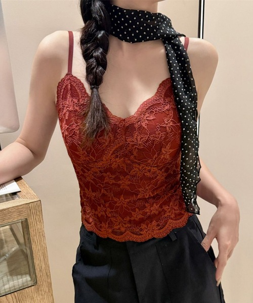 c.u.l カップ付き キャミソール カップ付き 花柄総レース キャミ