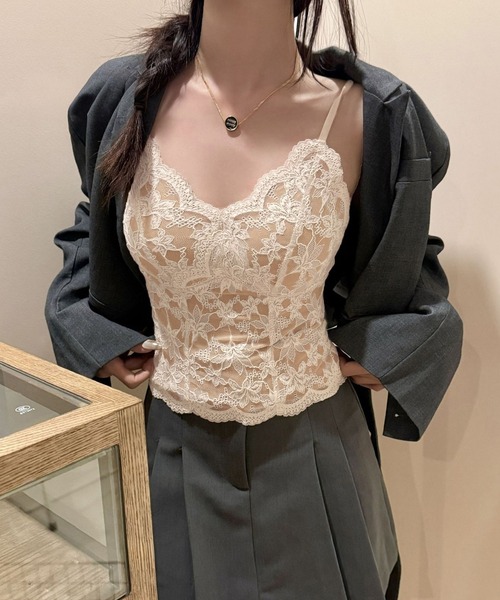 c.u.l カップ付き キャミソール カップ付き 花柄総レース キャミ