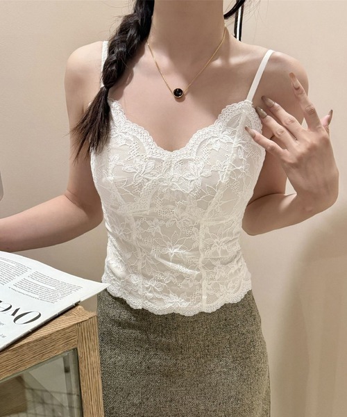 c.u.l カップ付き キャミソール カップ付き 花柄総レース キャミ