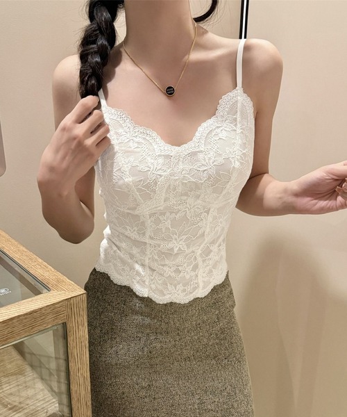 c.u.l カップ付き キャミソール カップ付き 花柄総レース キャミ