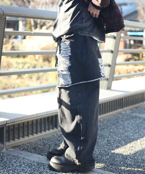 ワイドパンツ ジーンズ HOOK -select- ダメージ切替デザイン デニム