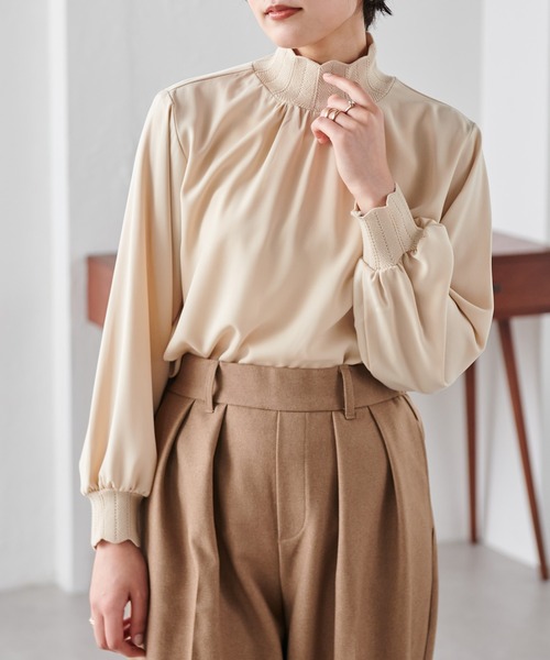 ラナン（Ranan）/ハイネックボリューム袖ブラウス RANAN（ラナン） ブラウス シャツ リブニット切替ボリューム袖