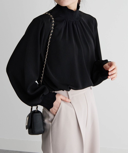 RANAN（ラナン） ブラウス シャツ リブニット切替ボリューム袖