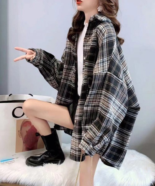 ☻YUKI☻③３Ｌ黒グレー起毛チェックシャツブラウス*背フリース miniministore（ミニミニストア） ブラウス シャツ チェック柄シャツ
